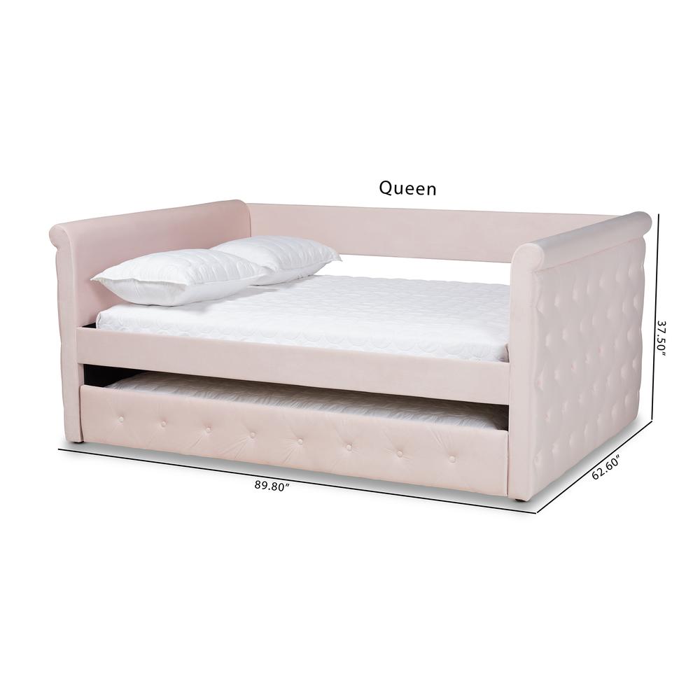 Light Pink Velvet Fabric Upholstered Full Size Daybed with Trundle. Picture 24