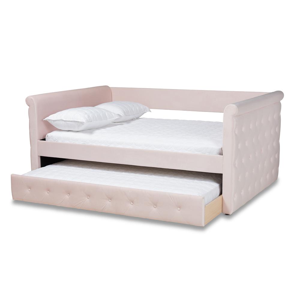 Light Pink Velvet Fabric Upholstered Full Size Daybed with Trundle. Picture 14