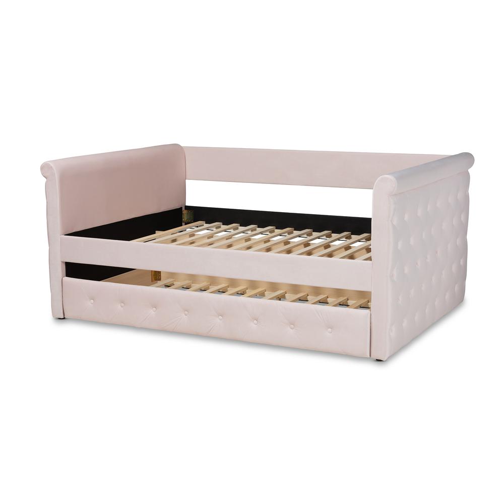 Light Pink Velvet Fabric Upholstered Full Size Daybed with Trundle. Picture 16