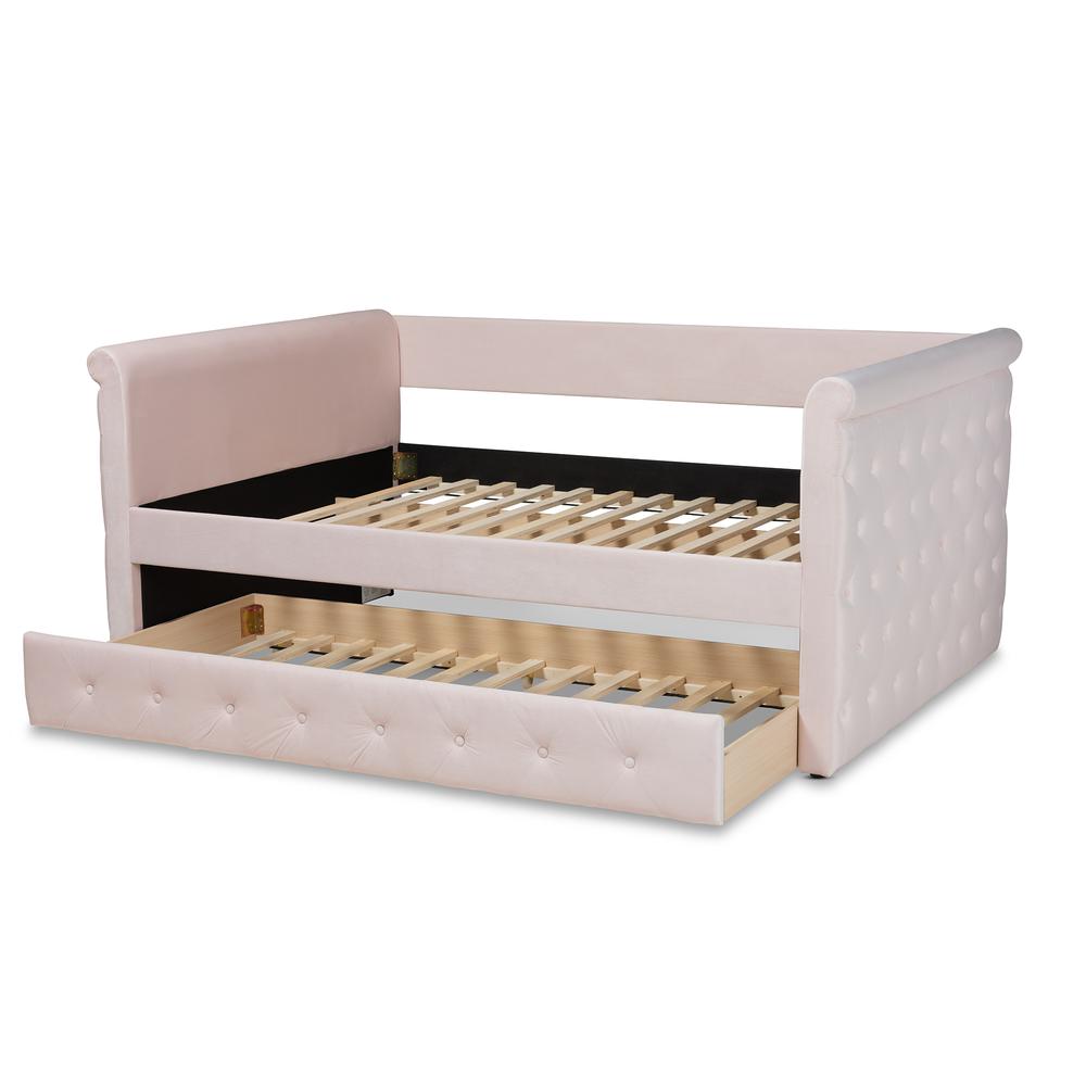 Light Pink Velvet Fabric Upholstered Full Size Daybed with Trundle. Picture 17