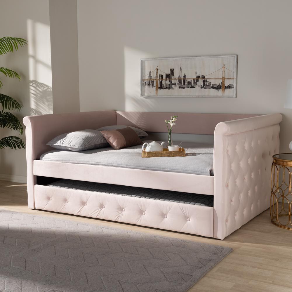 Light Pink Velvet Fabric Upholstered Full Size Daybed with Trundle. Picture 20