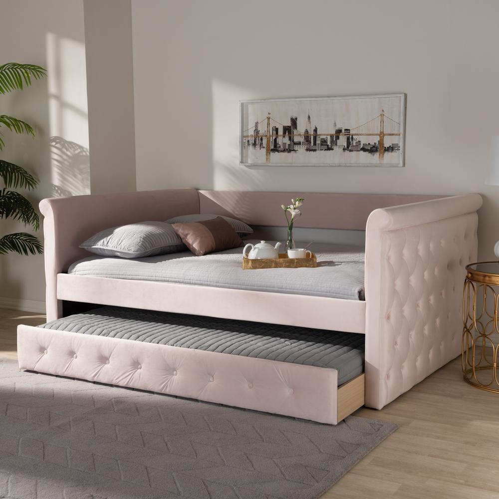 Light Pink Velvet Fabric Upholstered Full Size Daybed with Trundle. Picture 21