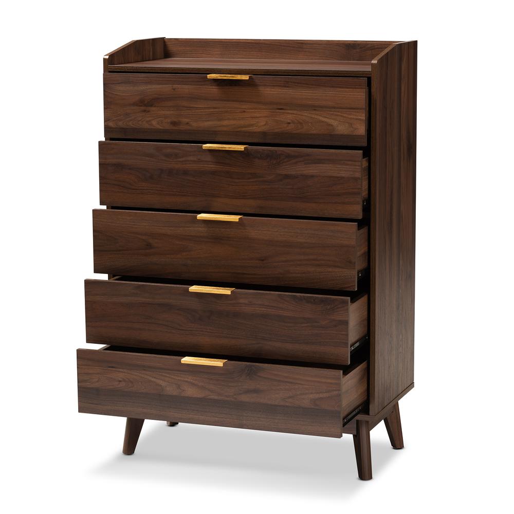 Lena Mid-Century Modern Walnut Brown Finished 5-Drawer Wood Chest. Picture 11