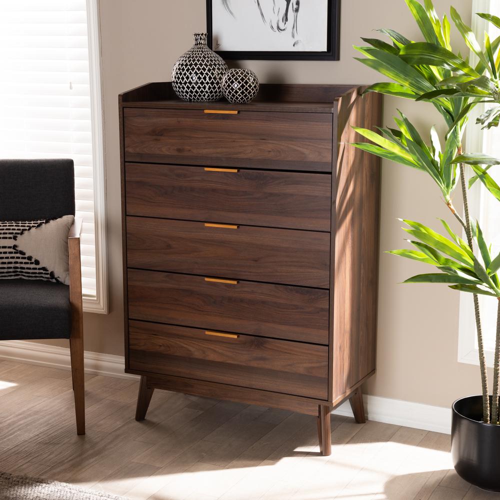 Lena Mid-Century Modern Walnut Brown Finished 5-Drawer Wood Chest. Picture 16