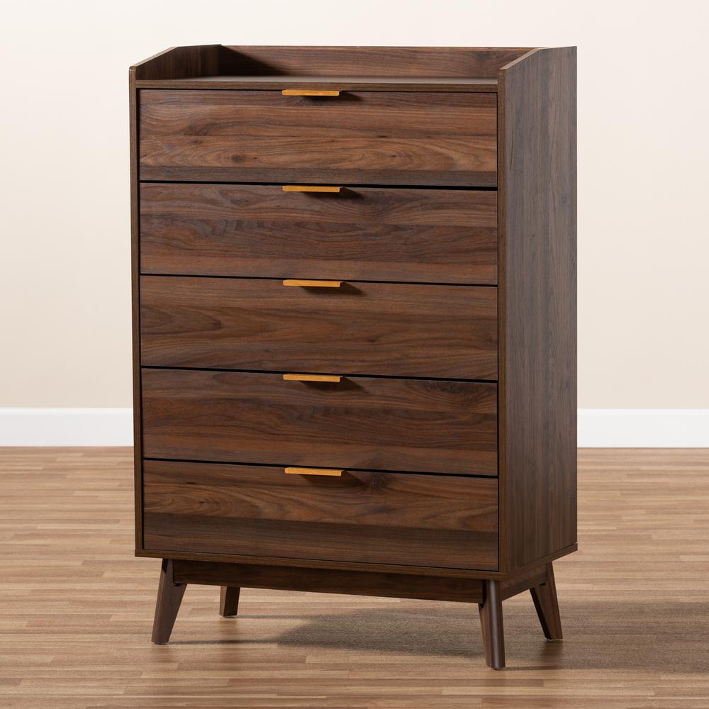 Lena Mid-Century Modern Walnut Brown Finished 5-Drawer Wood Chest. Picture 10