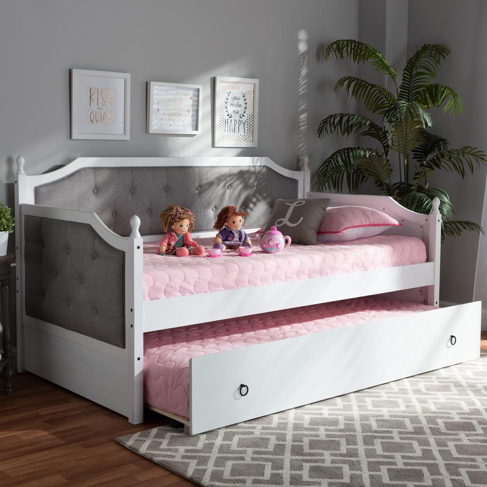 Baxton Studio Mara Classic and Traditional Grey Fabric Upholstered White Finished Wood Twin Size Daybed with Trundle. Picture 9