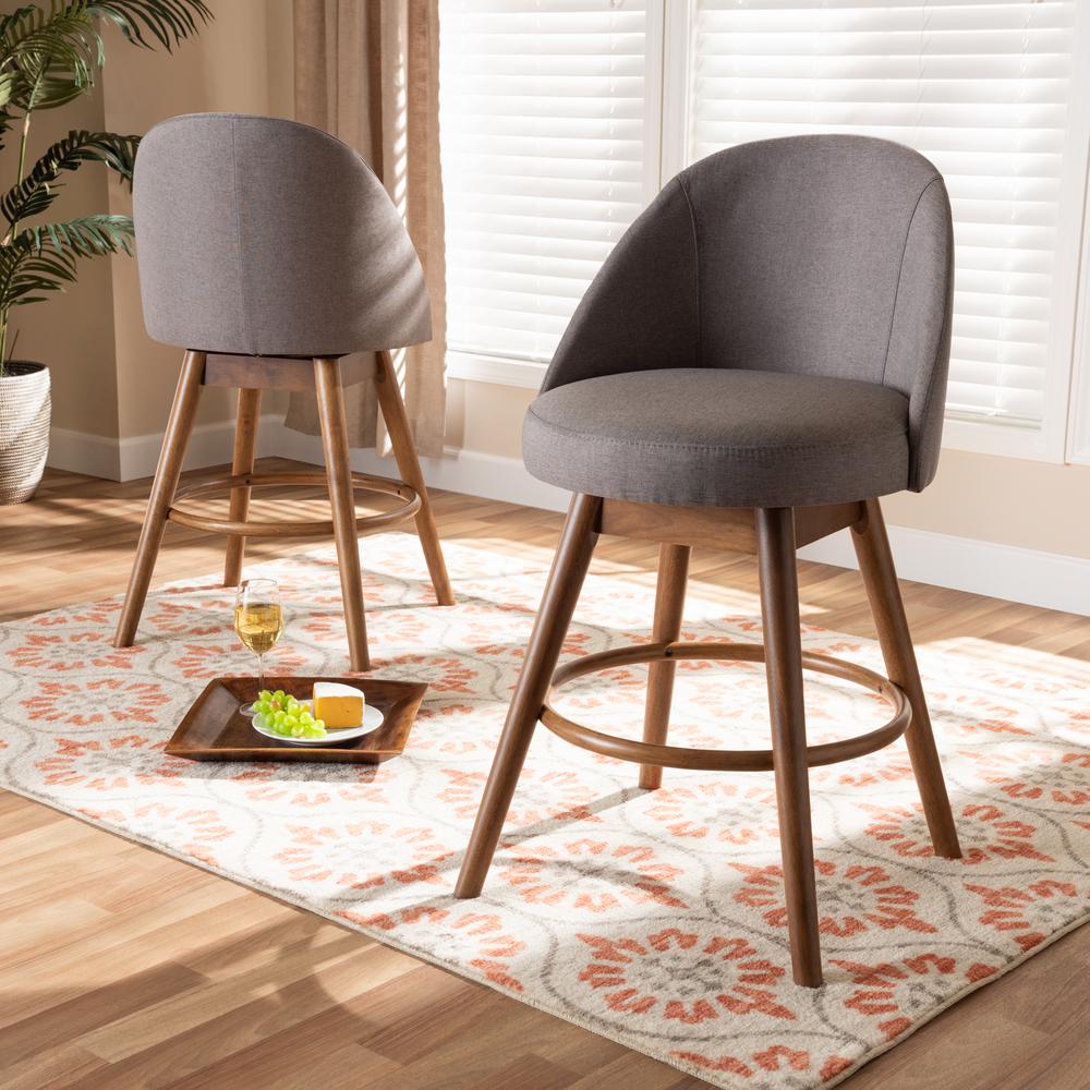 Grey Fabric Upholstered Walnut-Finished Wood Swivel Counter Stool Set of 2. Picture 14