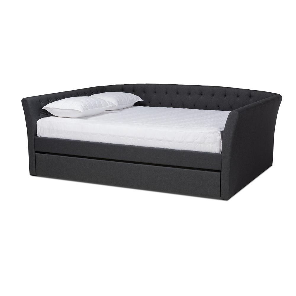 Dark Grey Fabric Upholstered Full Size Daybed with Roll-Out Trundle Bed. Picture 12