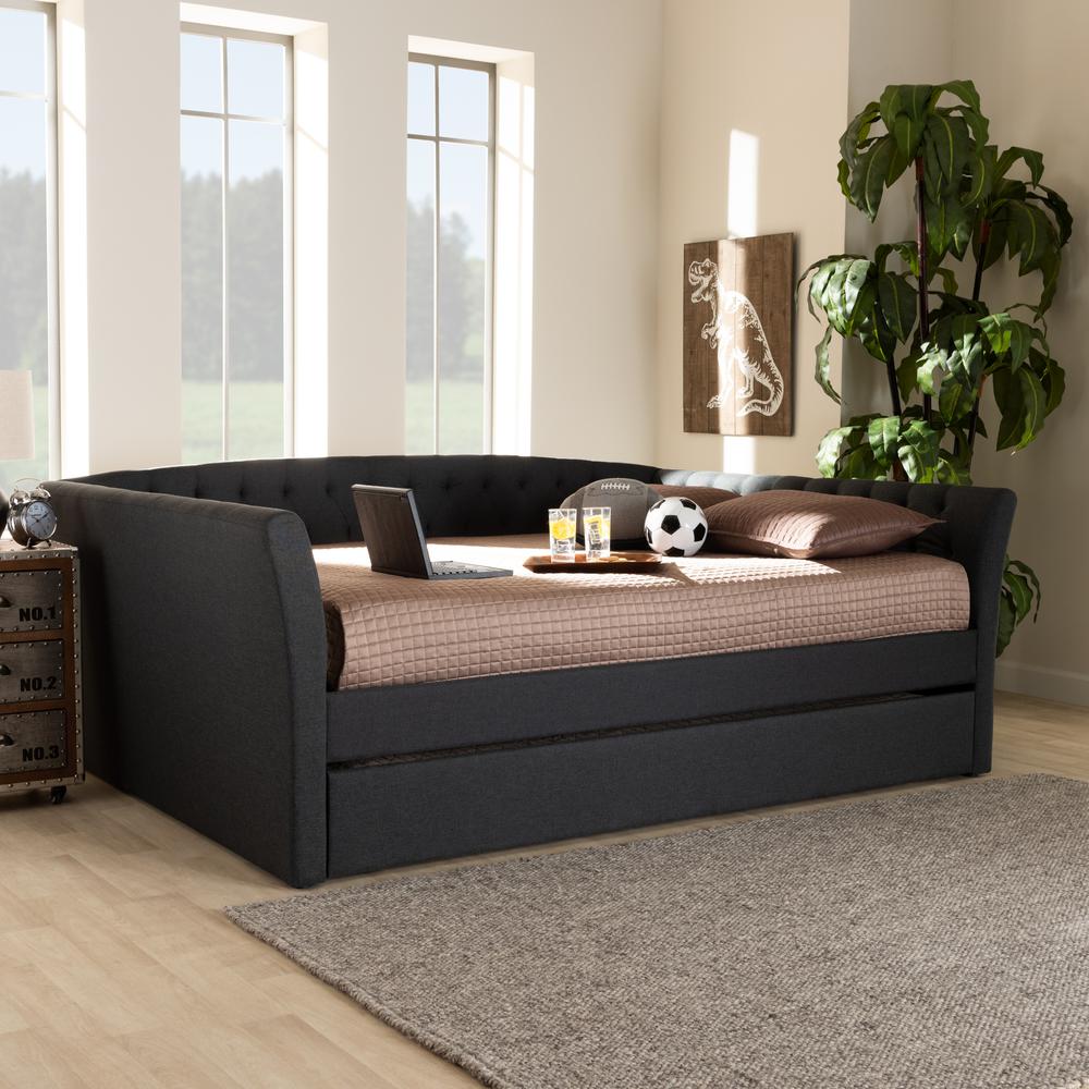 Dark Grey Fabric Upholstered Full Size Daybed with Roll-Out Trundle Bed. Picture 18