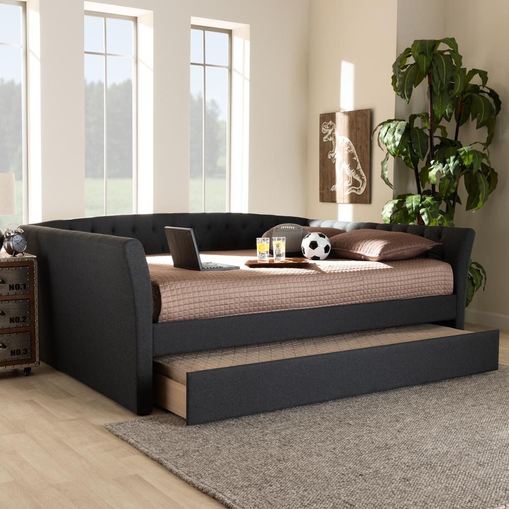Dark Grey Fabric Upholstered Full Size Daybed with Roll-Out Trundle Bed. Picture 19