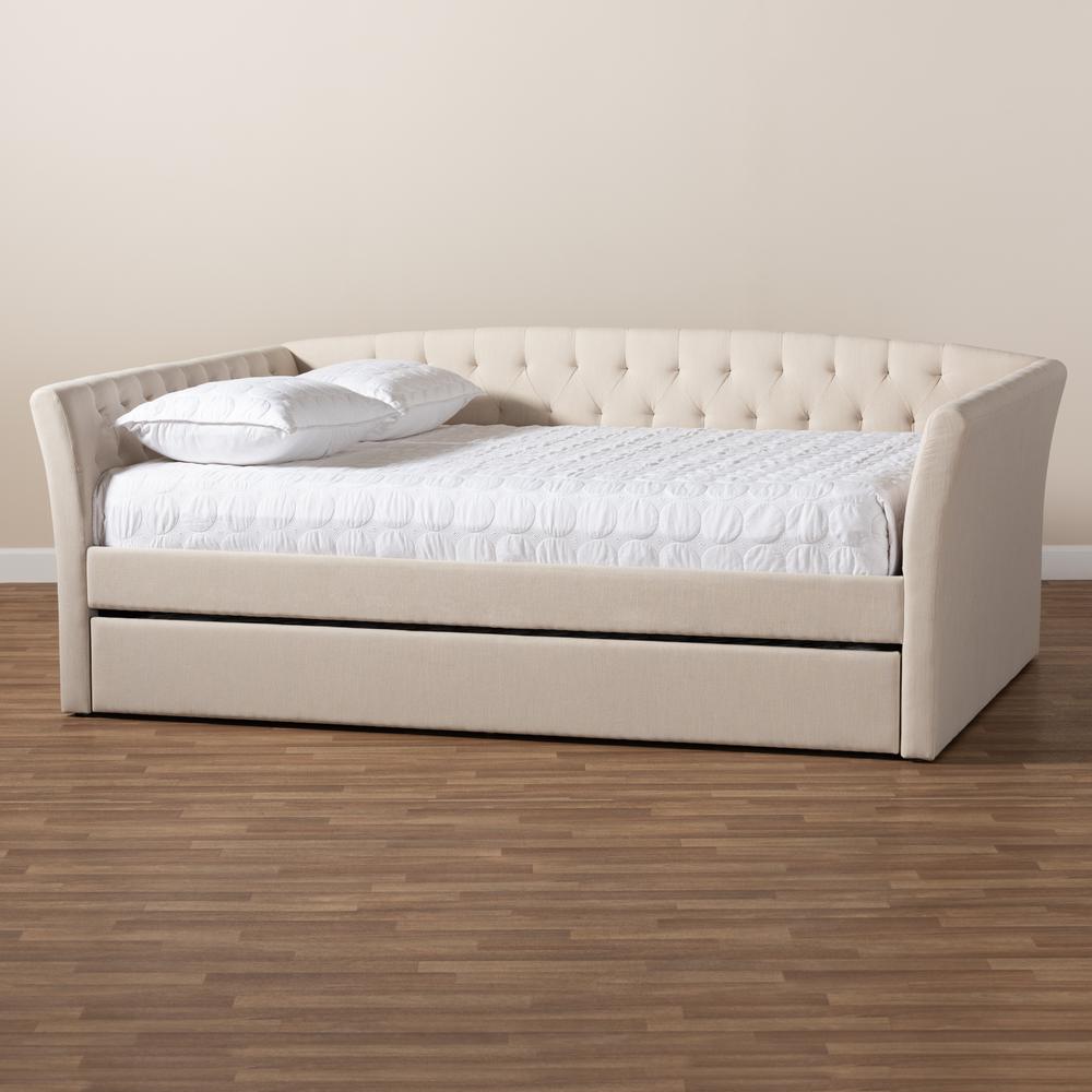 Beige Fabric Upholstered Full Size Daybed with Roll-Out Trundle Bed. Picture 20