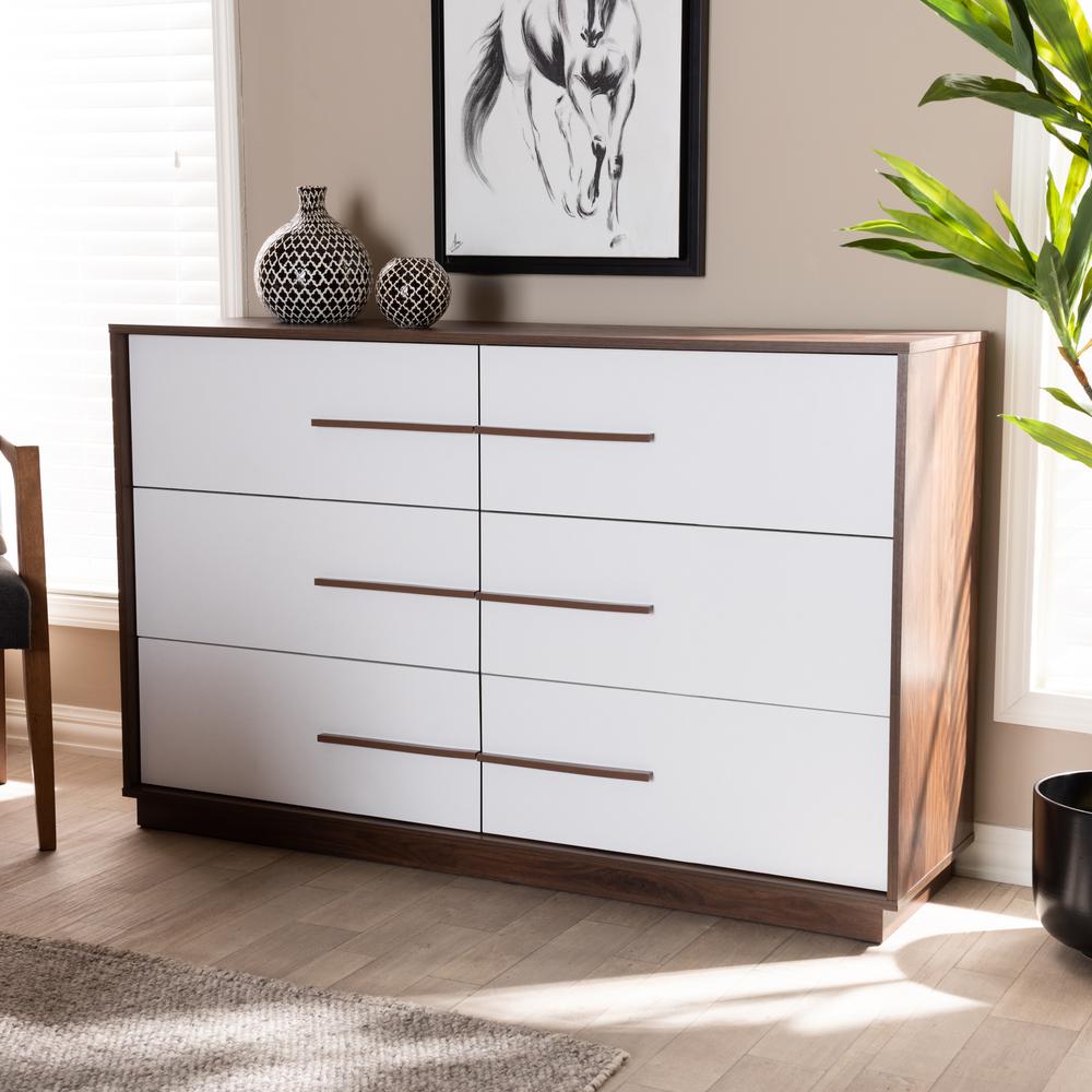 Mette Mid-Century Modern White and Walnut Finished 6-Drawer Wood Dresser. Picture 14