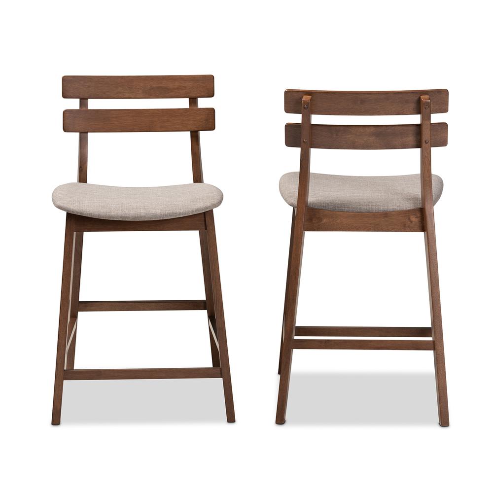 Light Grey Fabric Upholstered Walnut Finished 2-Piece Wood Counter Stool Set. Picture 11