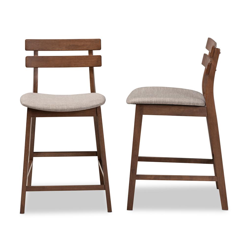 Light Grey Fabric Upholstered Walnut Finished 2-Piece Wood Counter Stool Set. Picture 12