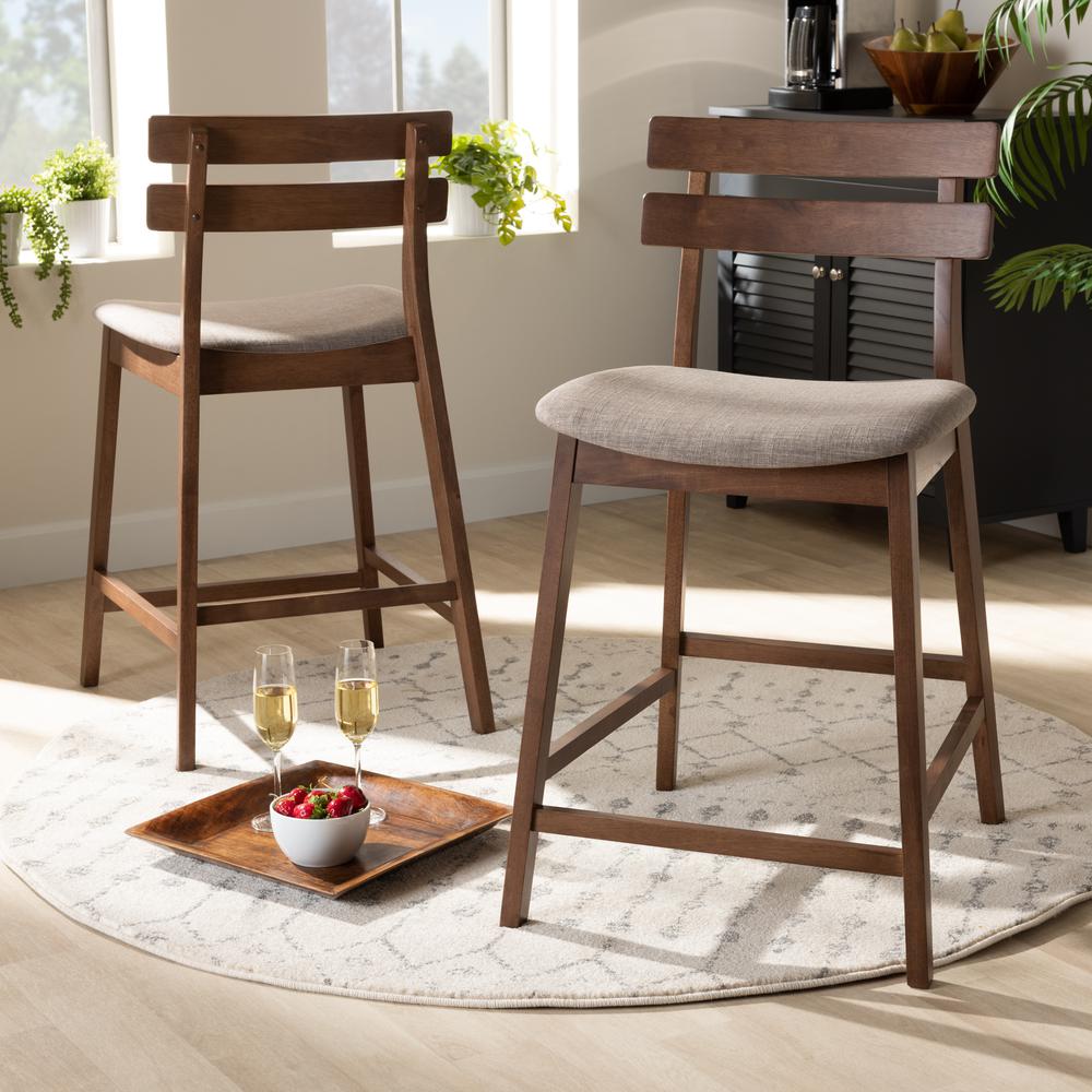 Light Grey Fabric Upholstered Walnut Finished 2-Piece Wood Counter Stool Set. Picture 16