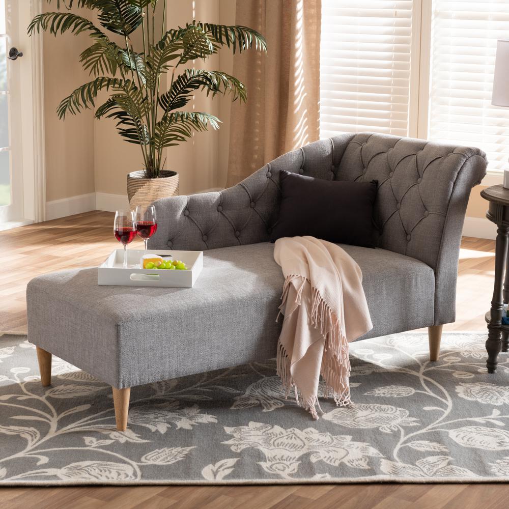 Grey Fabric Upholstered Oak Finished Chaise Lounge. Picture 16