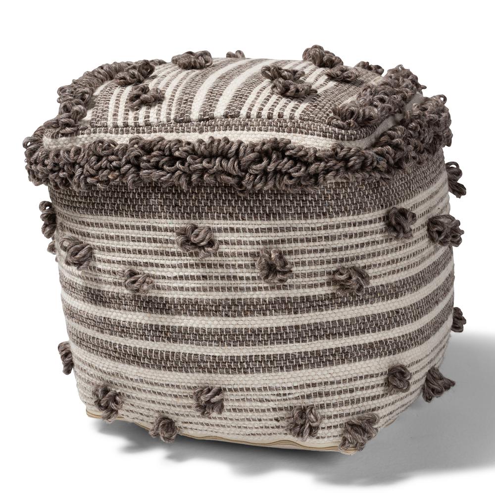 Eligah Moroccan Inspired Ivory and Brown Handwoven Wool Pouf Ottoman. Picture 7