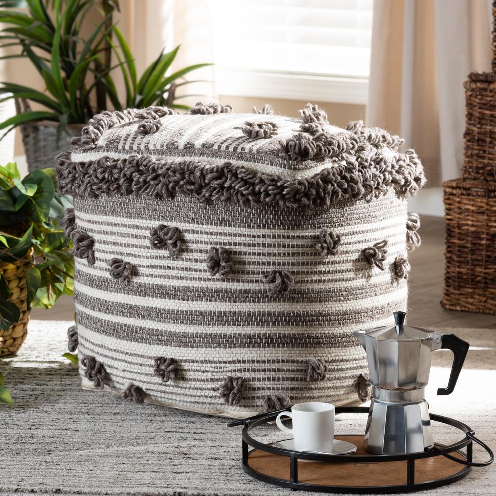 Eligah Moroccan Inspired Ivory and Brown Handwoven Wool Pouf Ottoman. Picture 10