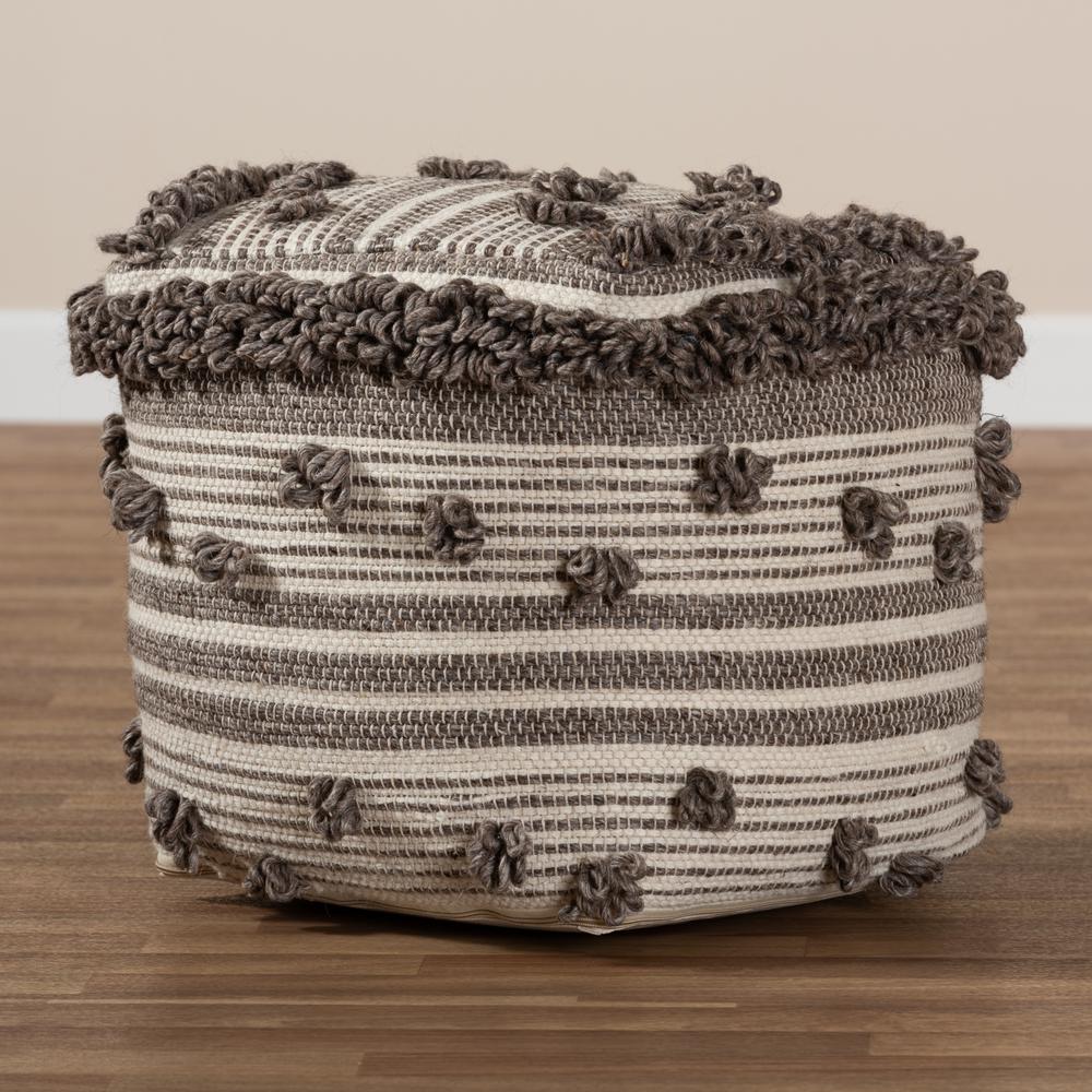 Eligah Moroccan Inspired Ivory and Brown Handwoven Wool Pouf Ottoman. Picture 11