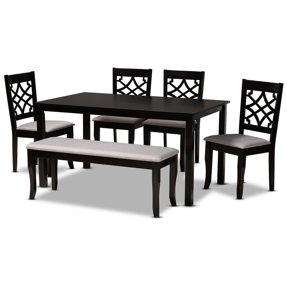 Grey Fabric Upholstered and Dark Brown Finished Wood 6-Piece Dining Set. Picture 10