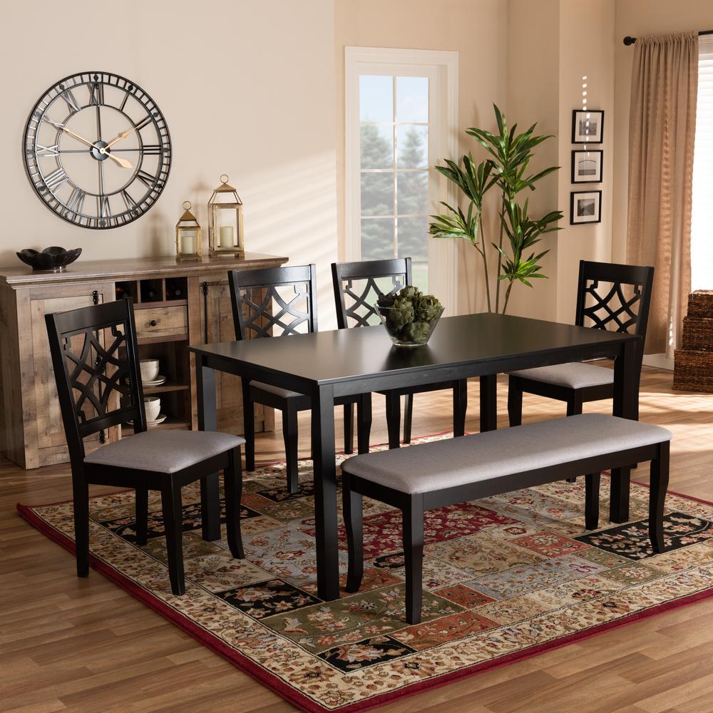 Grey Fabric Upholstered and Dark Brown Finished Wood 6-Piece Dining Set. Picture 16