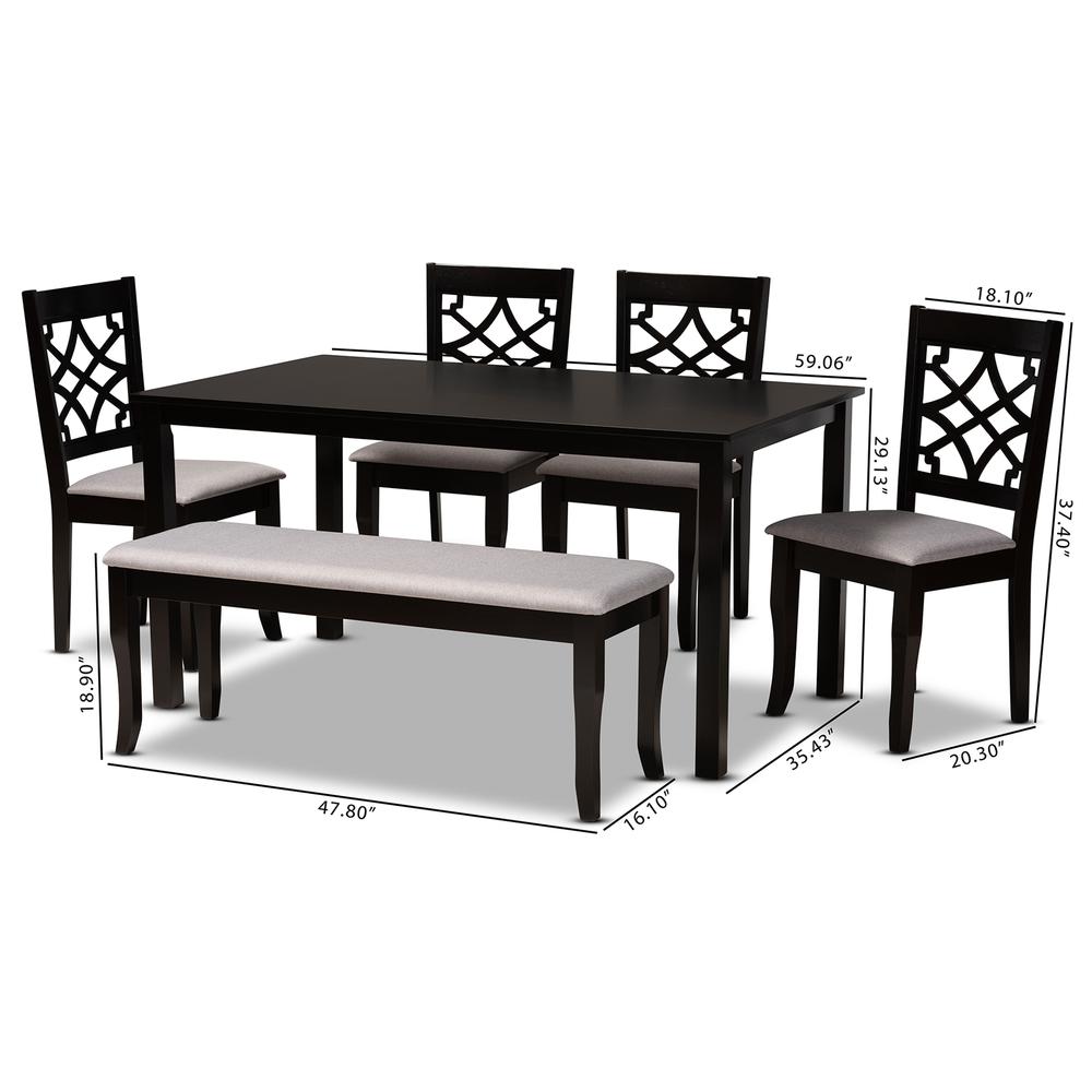Grey Fabric Upholstered and Dark Brown Finished Wood 6-Piece Dining Set. Picture 18