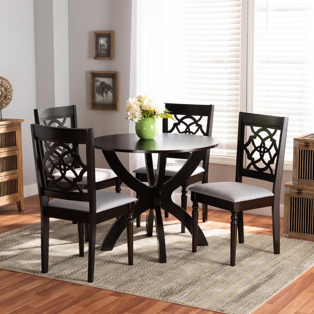 Grey Fabric Upholstered and Dark Brown Finished Wood 5-Piece Dining Set. Picture 16