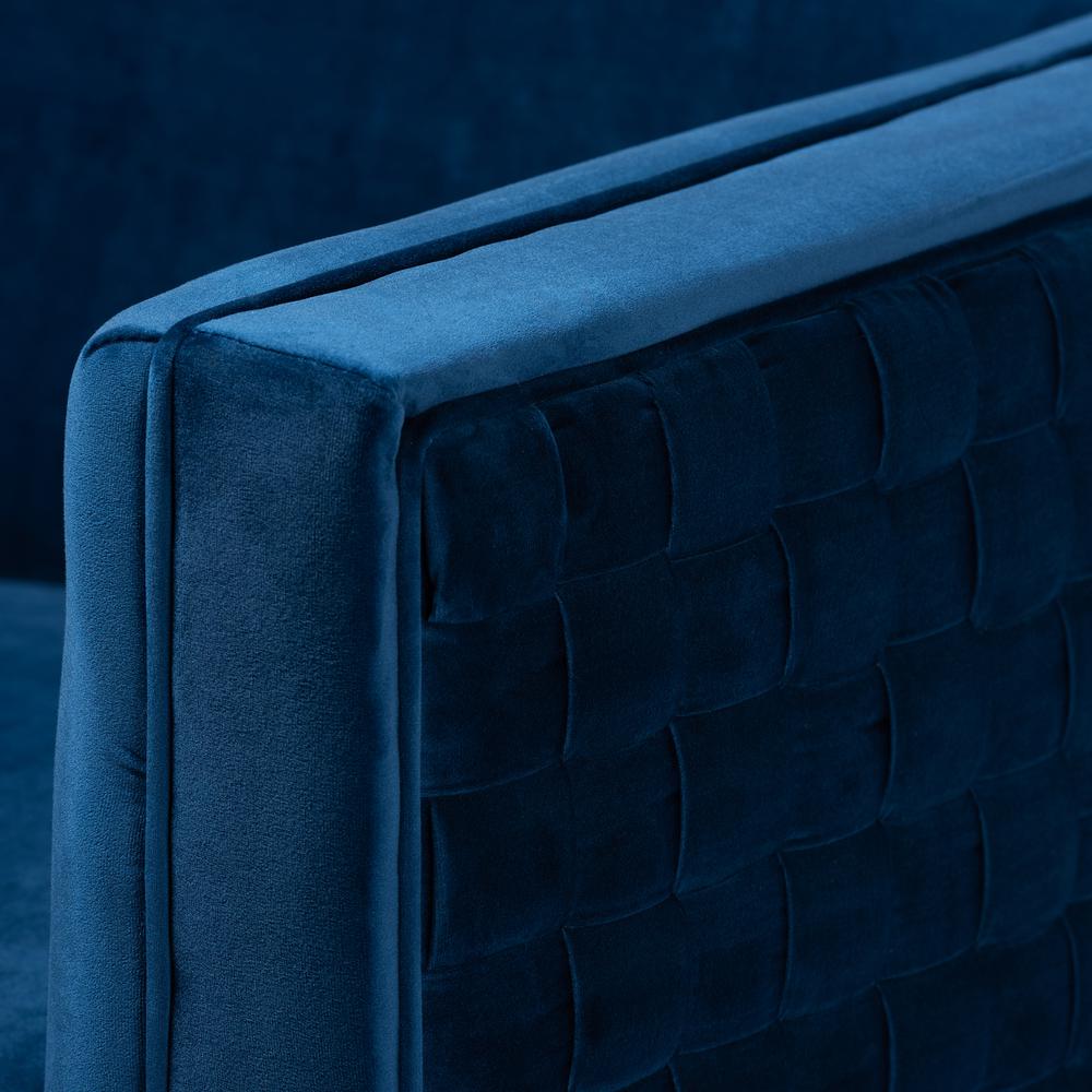 Luxe Navy Blue Velvet Fabric Upholstered Gold Finished Armchair. Picture 14