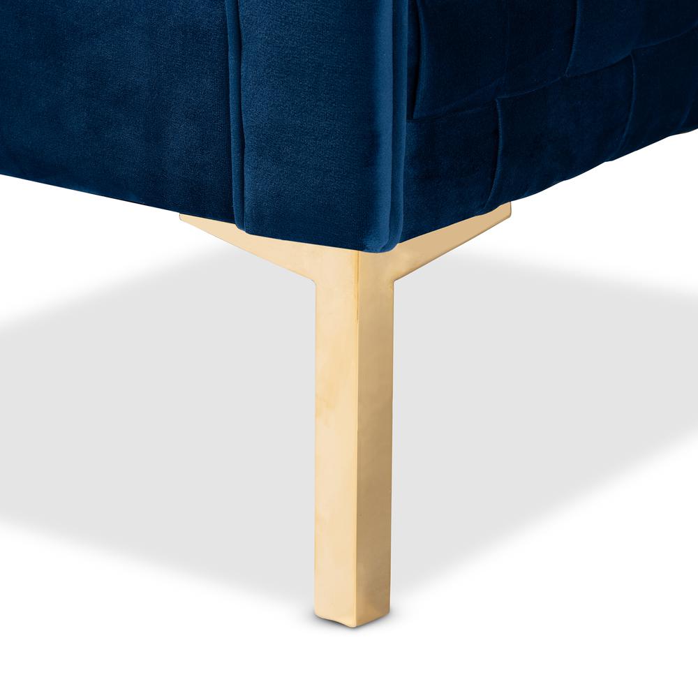 Luxe Navy Blue Velvet Fabric Upholstered Gold Finished Armchair. Picture 15