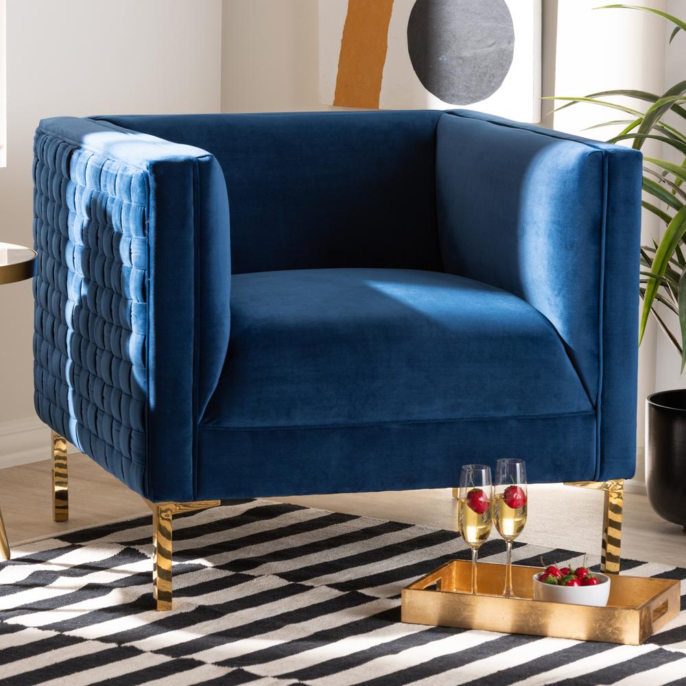 Luxe Navy Blue Velvet Fabric Upholstered Gold Finished Armchair. Picture 16
