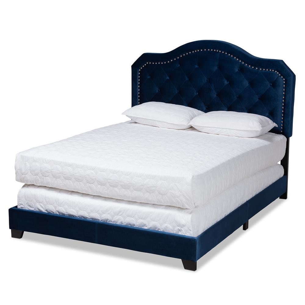 Navy Blue Velvet Fabric Upholstered Queen Size Button Tufted Bed. Picture 11