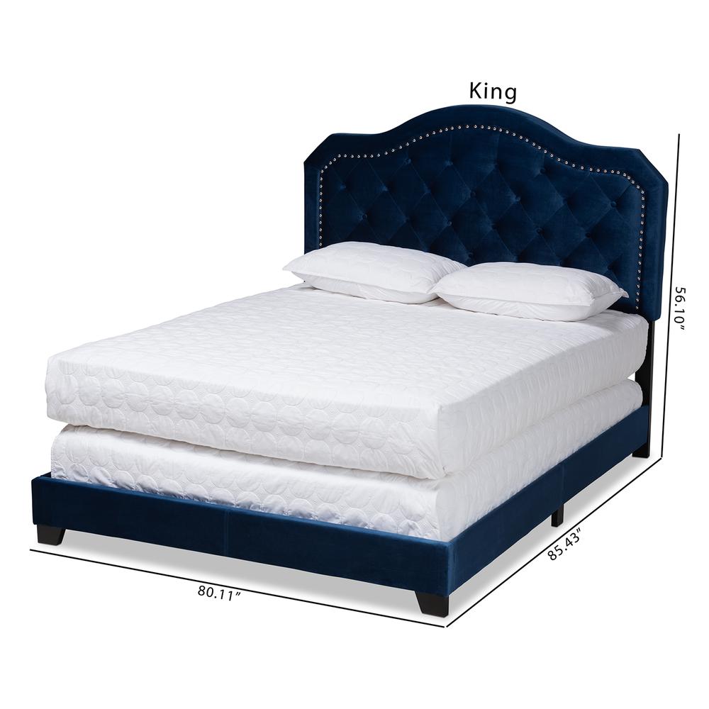 Navy Blue Velvet Fabric Upholstered Queen Size Button Tufted Bed. Picture 20