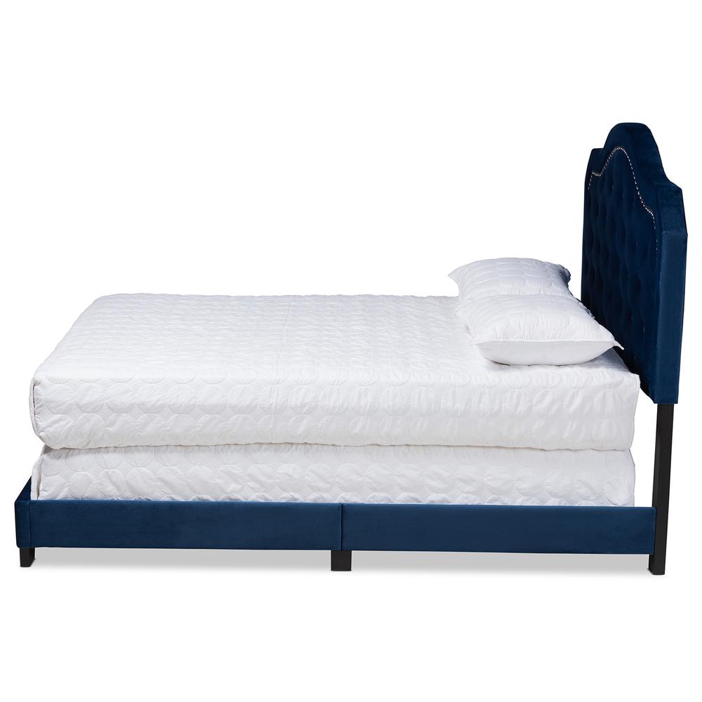 Navy Blue Velvet Fabric Upholstered Queen Size Button Tufted Bed. Picture 12
