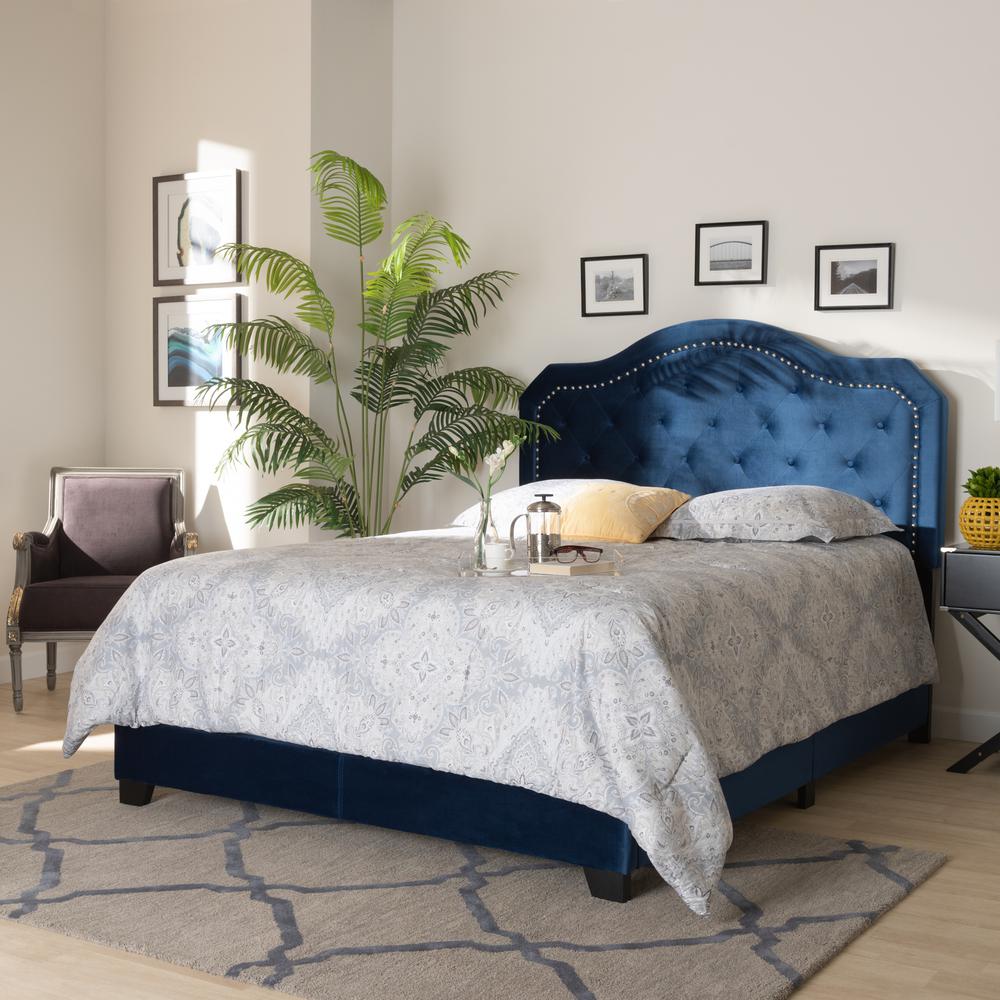 Navy Blue Velvet Fabric Upholstered Queen Size Button Tufted Bed. Picture 16