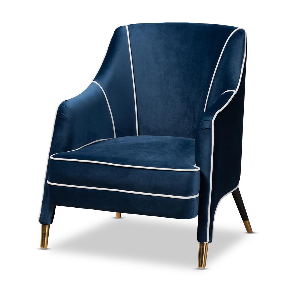 Luxe Navy Blue Velvet Fabric Upholstered Gold Finished Armchair. Picture 10