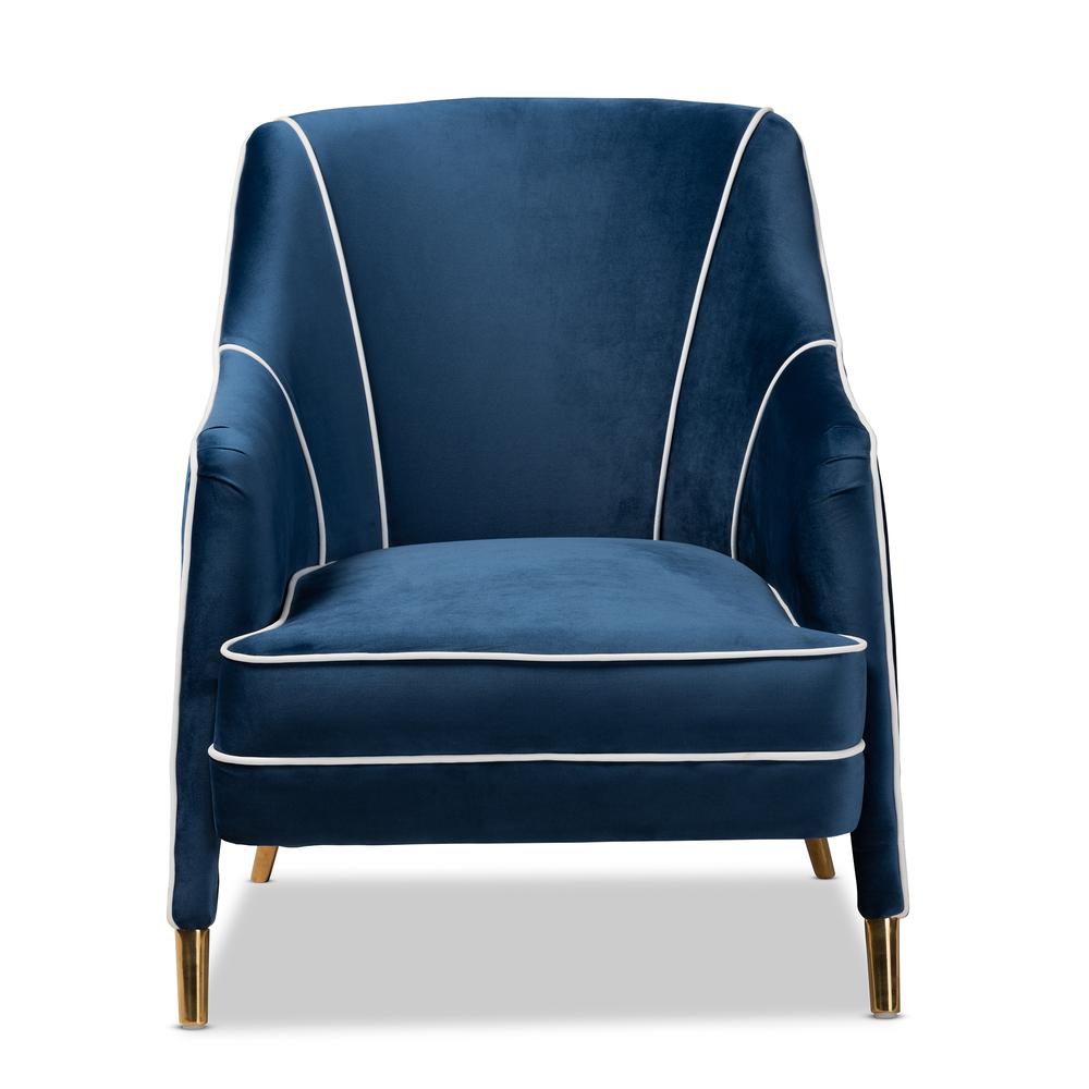 Luxe Navy Blue Velvet Fabric Upholstered Gold Finished Armchair. Picture 11