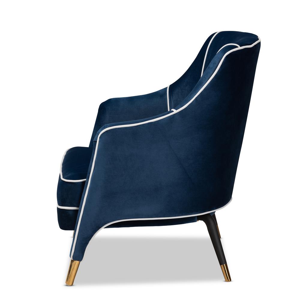 Luxe Navy Blue Velvet Fabric Upholstered Gold Finished Armchair. Picture 12
