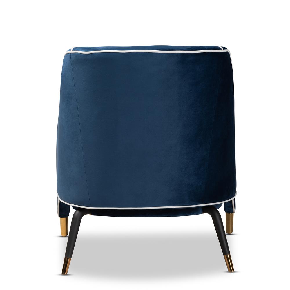 Luxe Navy Blue Velvet Fabric Upholstered Gold Finished Armchair. Picture 13