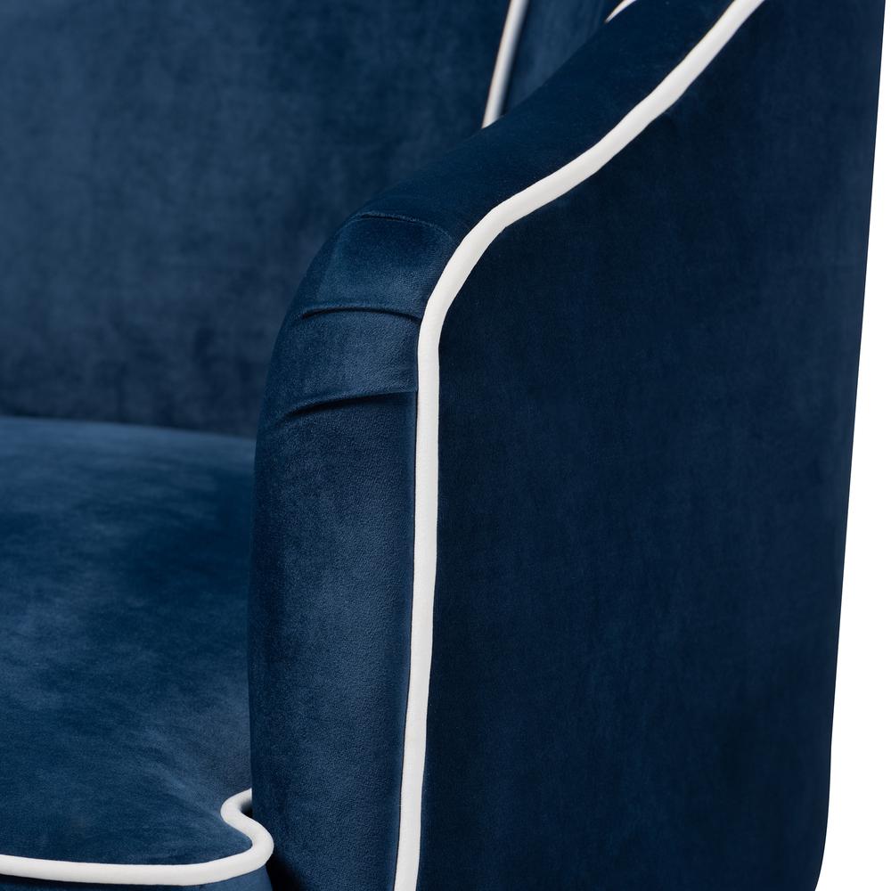 Luxe Navy Blue Velvet Fabric Upholstered Gold Finished Armchair. Picture 14
