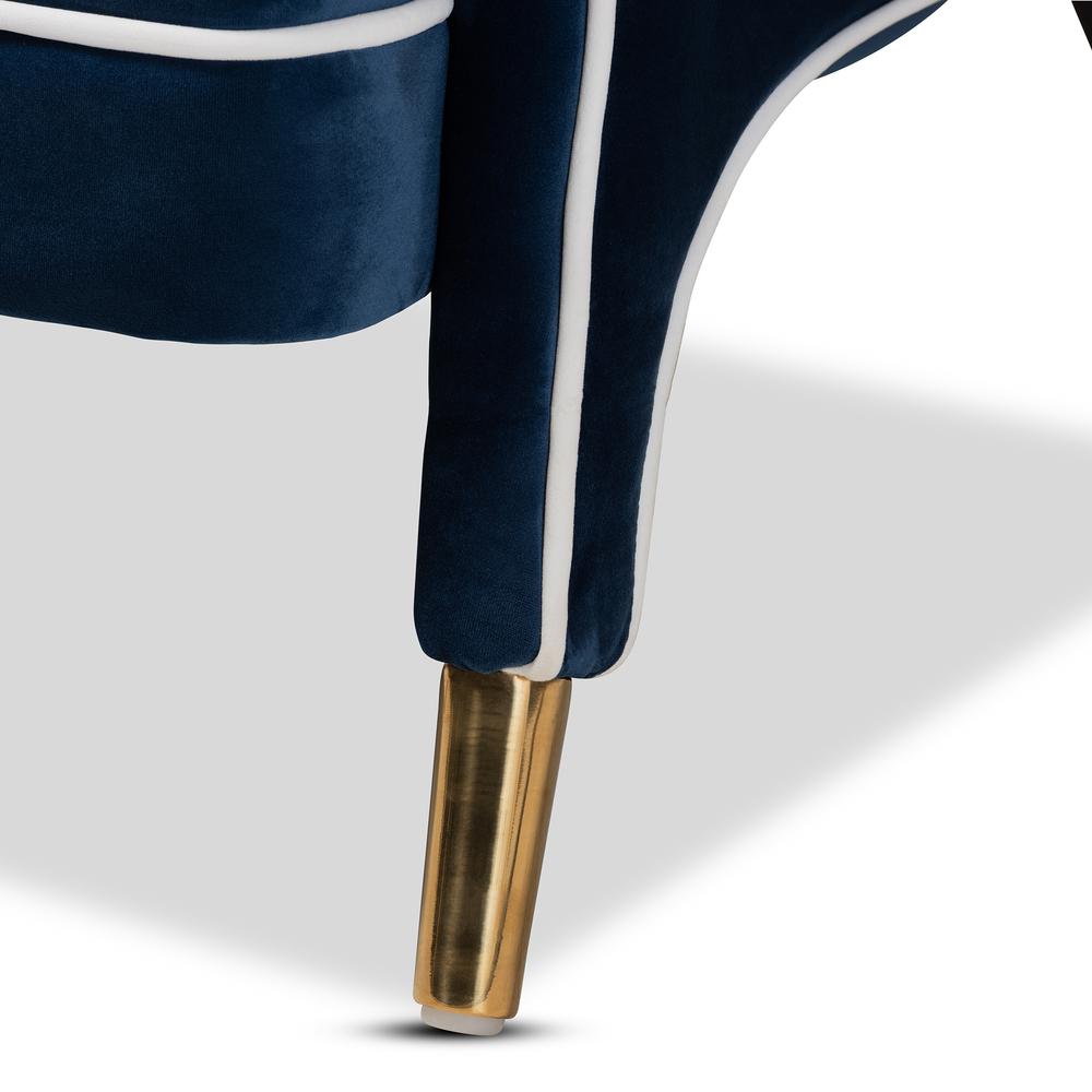 Luxe Navy Blue Velvet Fabric Upholstered Gold Finished Armchair. Picture 15