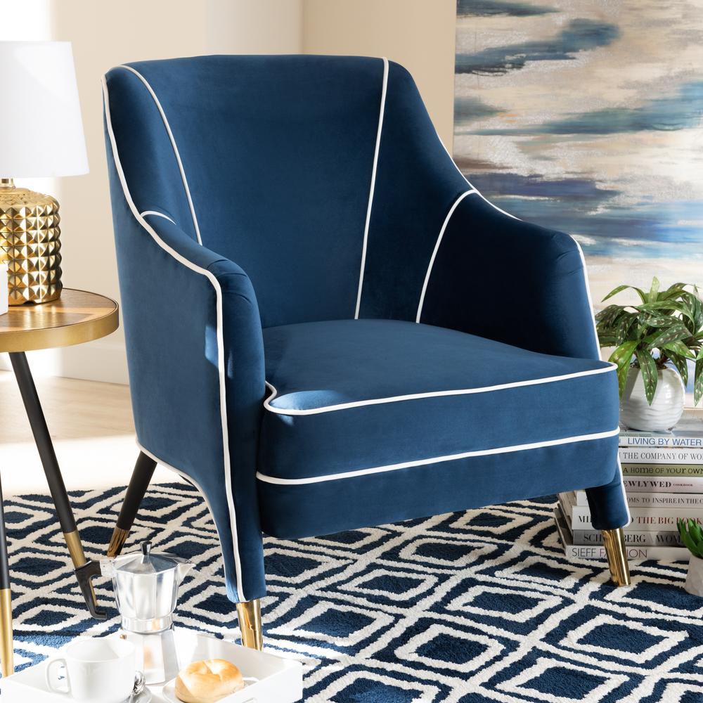 Luxe Navy Blue Velvet Fabric Upholstered Gold Finished Armchair. Picture 16