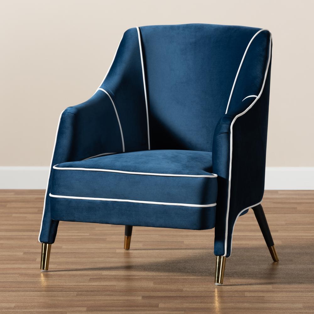 Luxe Navy Blue Velvet Fabric Upholstered Gold Finished Armchair. Picture 17