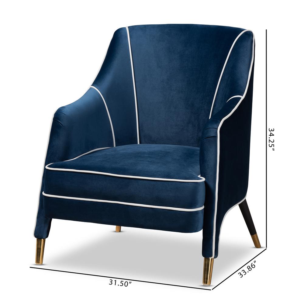 Luxe Navy Blue Velvet Fabric Upholstered Gold Finished Armchair. Picture 18