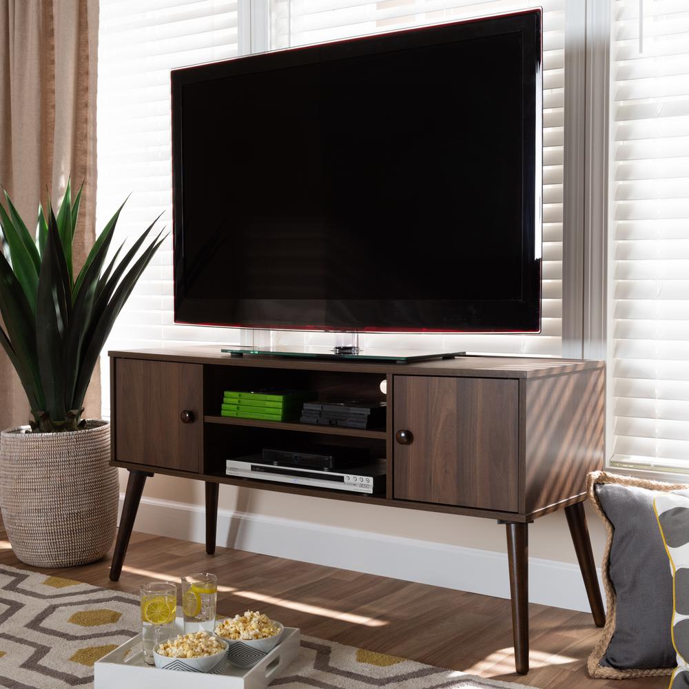 Baxton Studio Alard Mid-Century Modern Walnut Brown Finished 2-Door Wood TV Stand. Picture 8