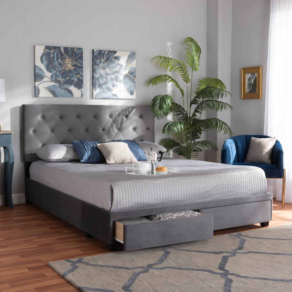 Baxton Studio Caronia Modern and Contemporary Grey Velvet Fabric Upholstered 2-Drawer Queen Size Platform Storage Bed. Picture 22