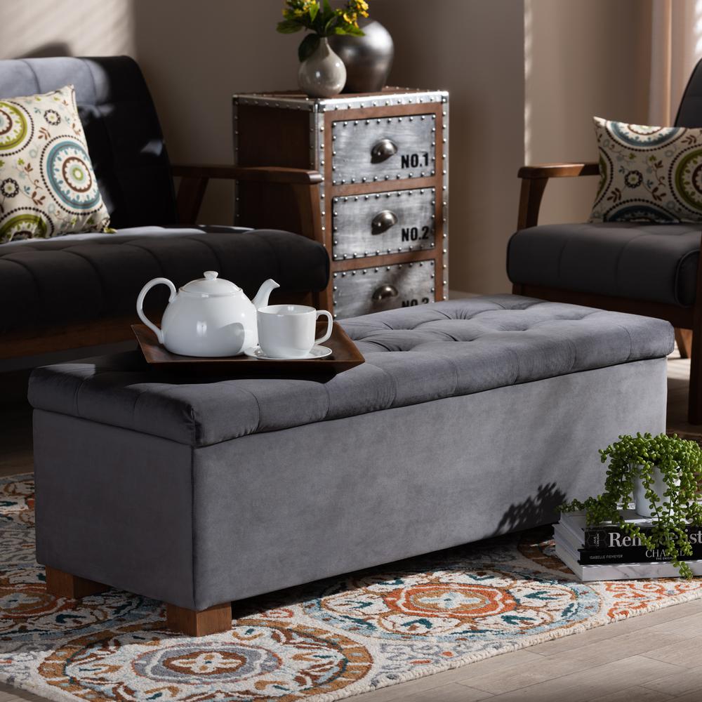 Grey Velvet Fabric Upholstered Grid-Tufted Storage Ottoman Bench. Picture 19