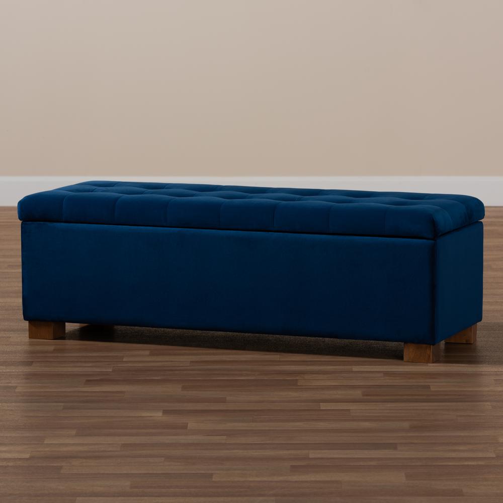 Navy Blue Velvet Fabric Upholstered Grid-Tufted Storage Ottoman Bench. Picture 21
