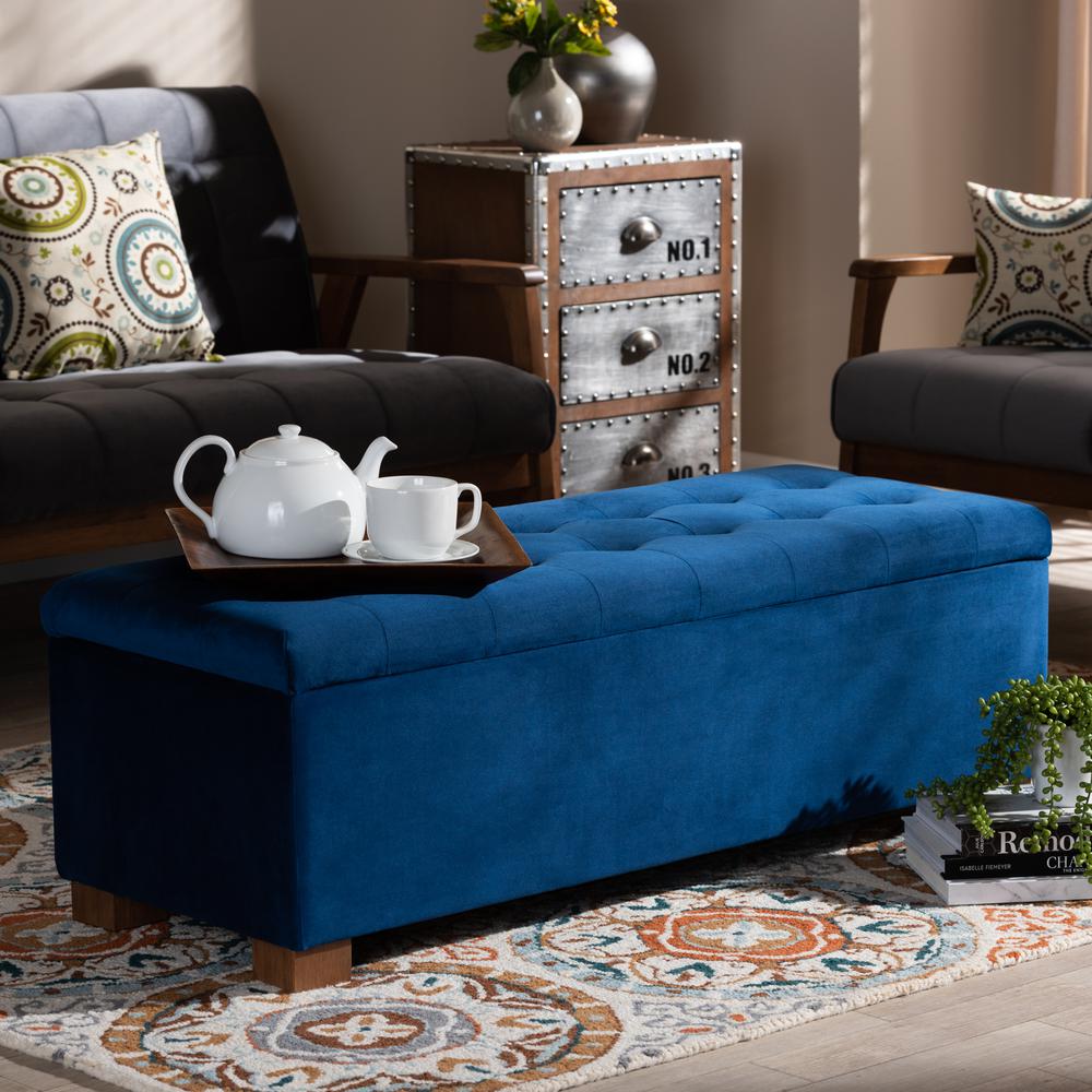 Navy Blue Velvet Fabric Upholstered Grid-Tufted Storage Ottoman Bench. Picture 19