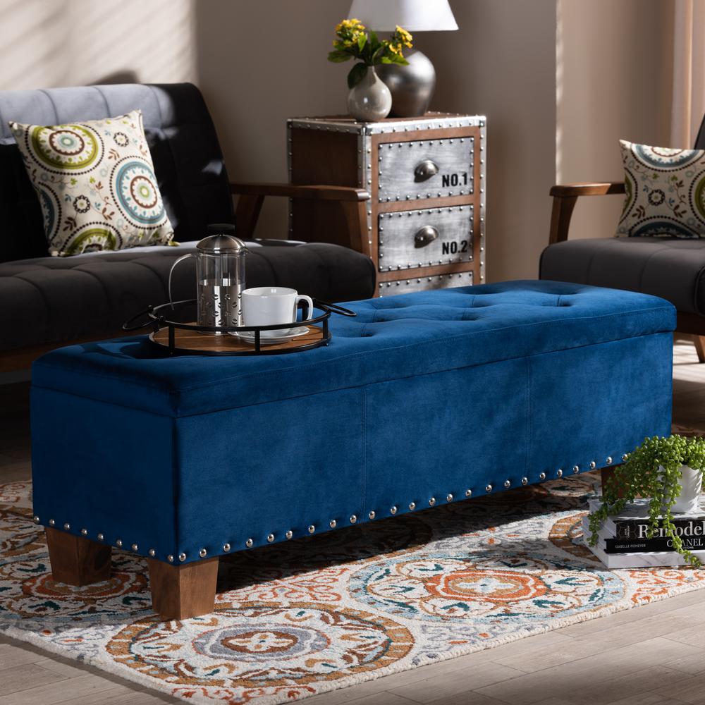 Navy Blue Velvet Fabric Upholstered Button-Tufted Storage Ottoman Bench. Picture 19