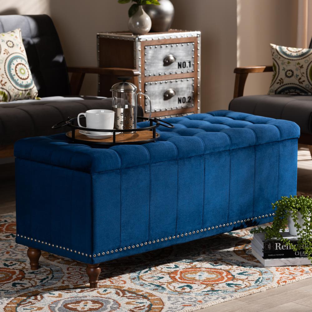 Navy Blue Velvet Fabric Upholstered Button-Tufted Storage Ottoman Bench. Picture 19
